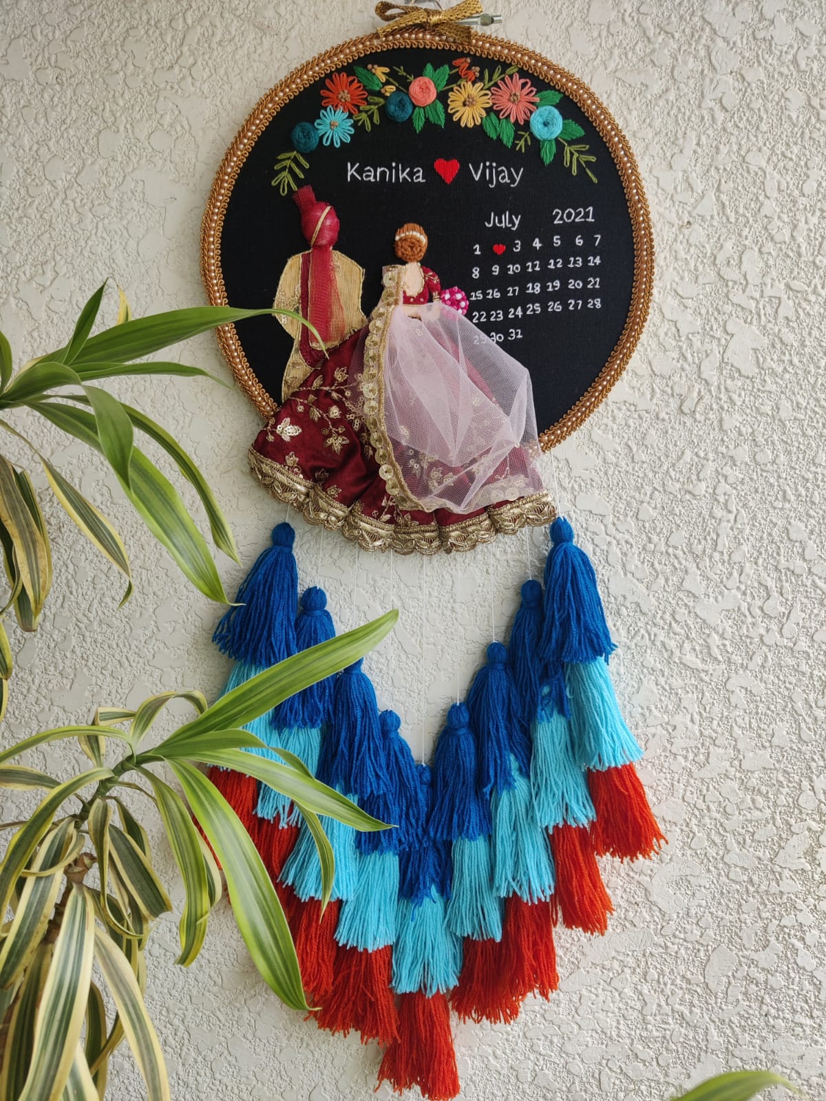 Customizable Bride & Groom Calendar Embroidered Hoop with Tassels