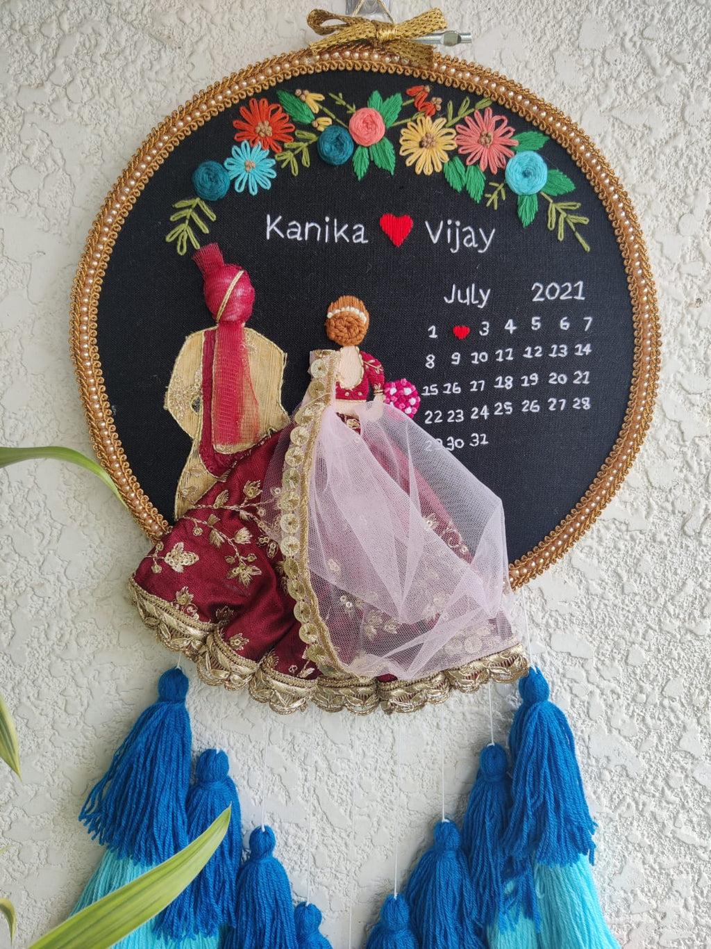Customizable Bride & Groom Calendar Embroidered Hoop with Tassels