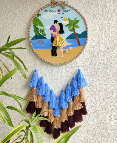 Customizable Couple on a Beach Embroidered/Painted Hoop with Tassels