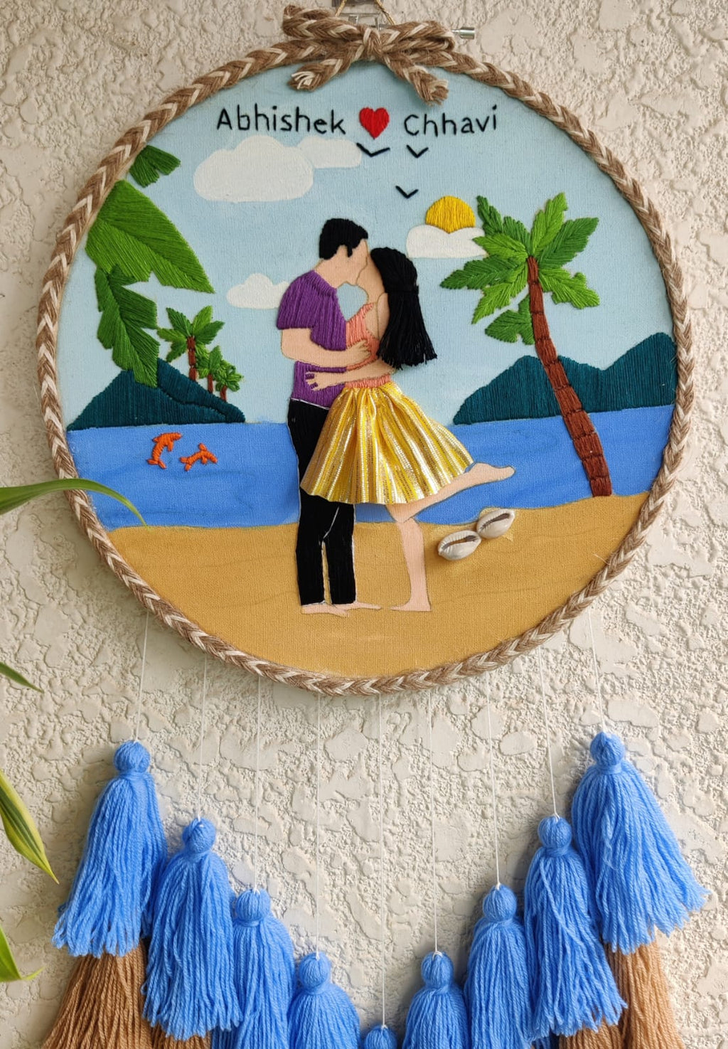 Customizable Couple on a Beach Embroidered/Painted Hoop with Tassels