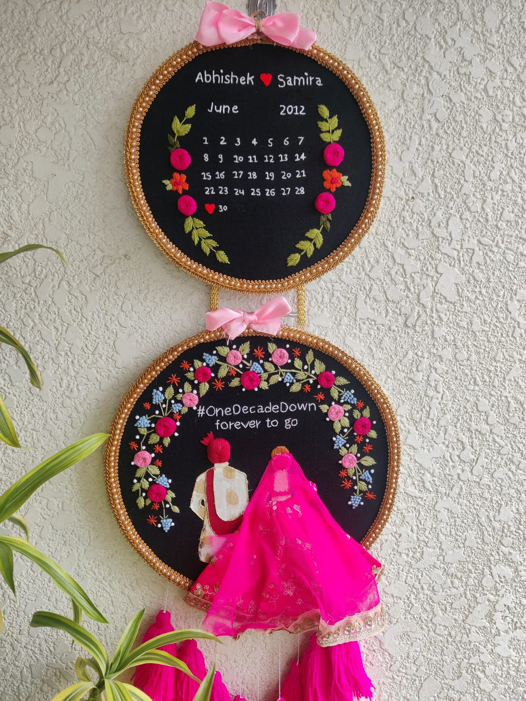 Customizable Bride & Groom Calendar Embroidered Double Hoop with Tassels