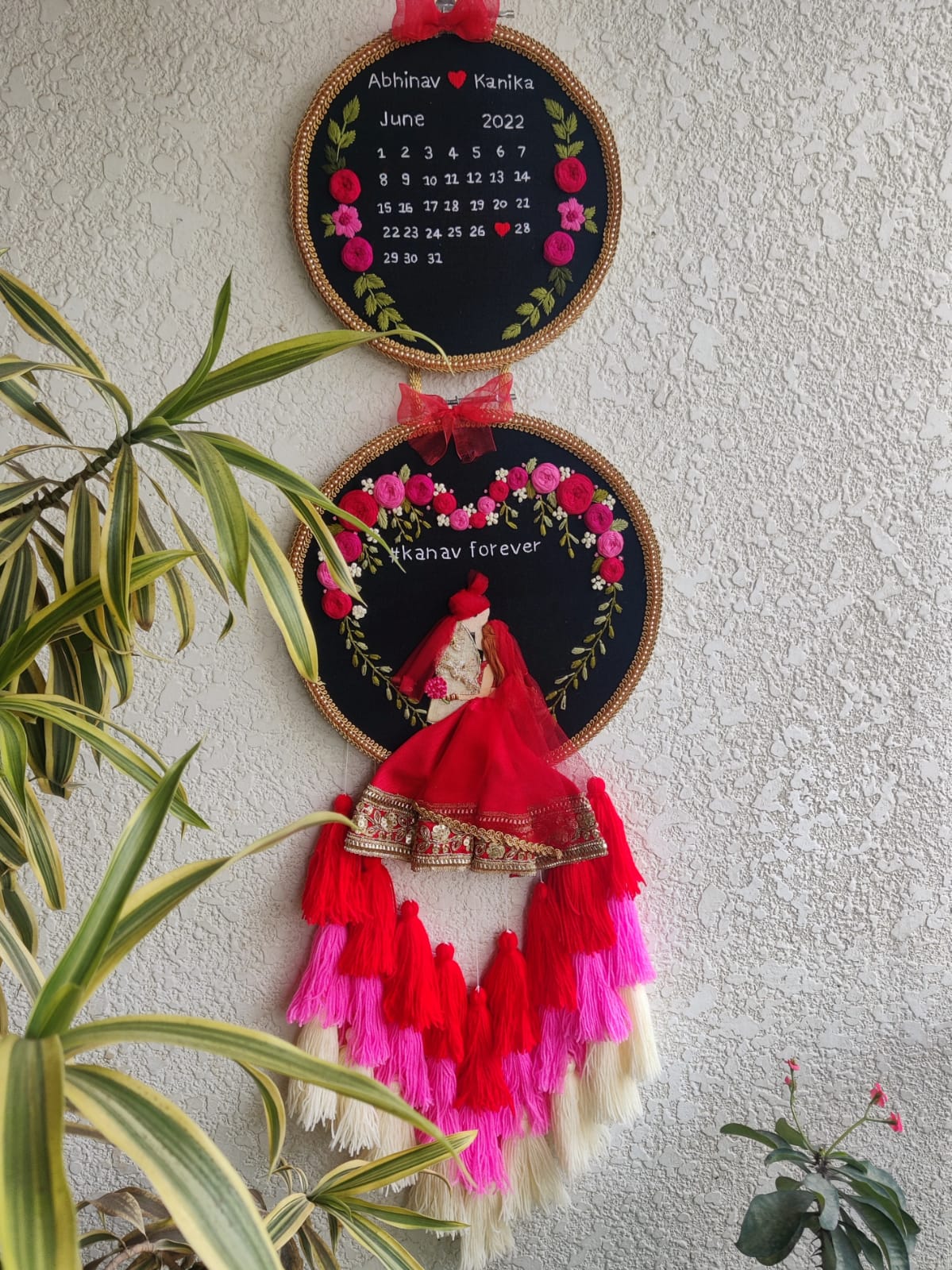 Customizable Bride & Groom Calendar Embroidered Double Hoop with Tassels