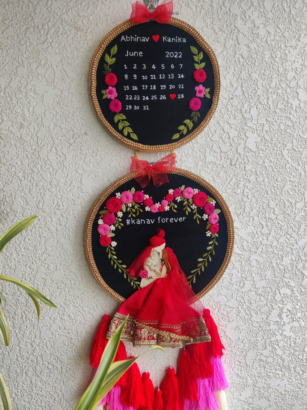 Customizable Bride & Groom Calendar Embroidered Double Hoop with Tassels