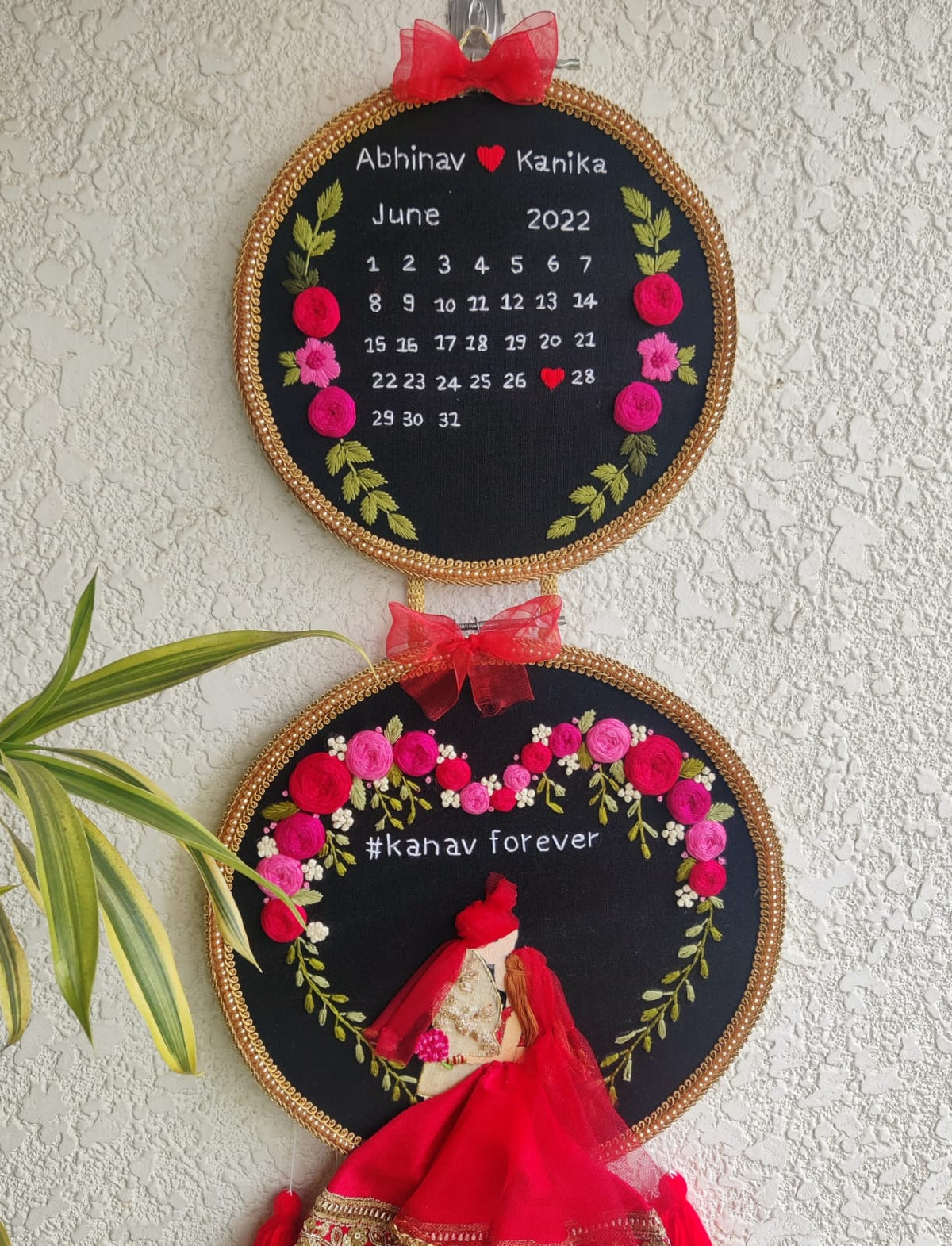 Customizable Bride & Groom Calendar Embroidered Double Hoop with Tassels