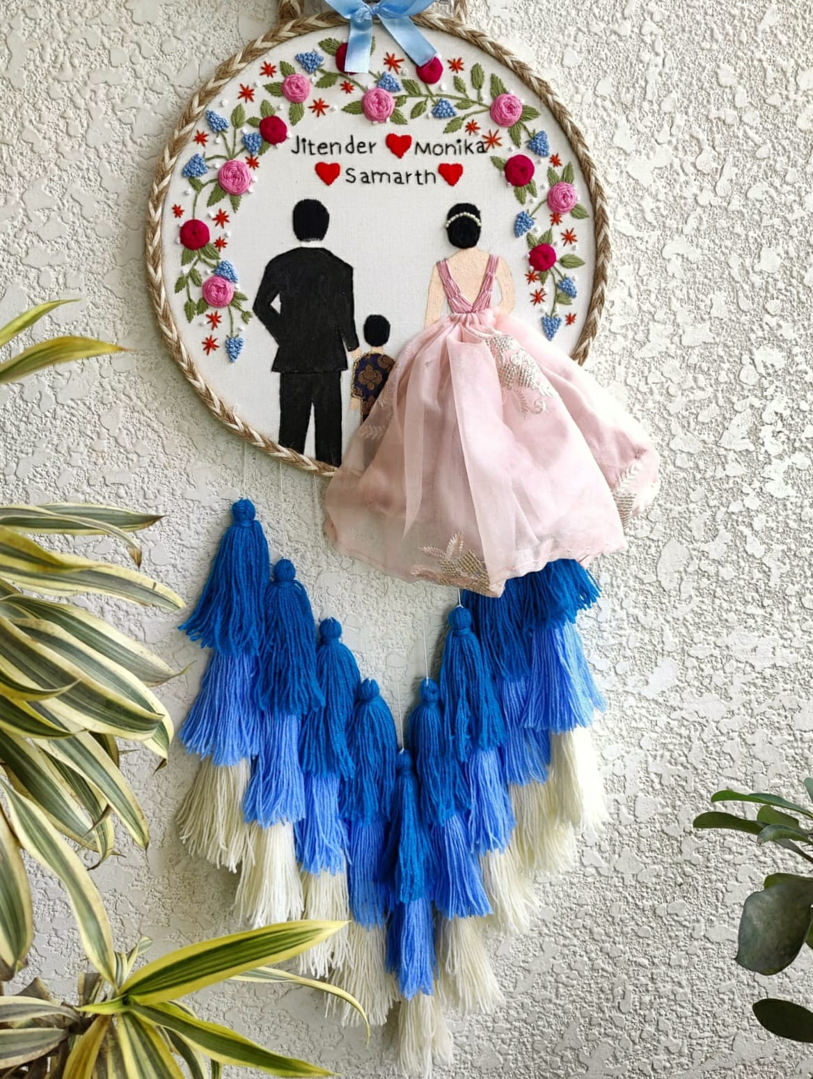 Customizable Couple & Child Anniversary Embroidered Hoop with Tassels