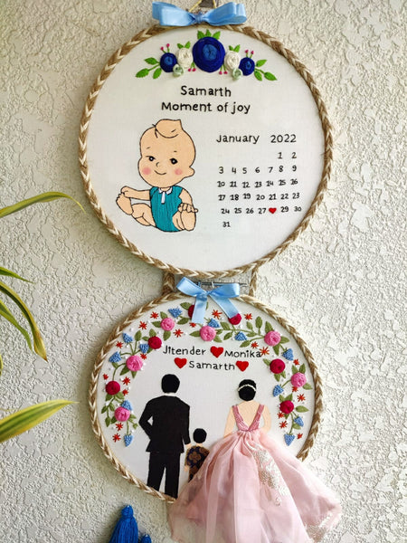 Customizable Couple & Child Anniversary Double Embroidered Hoop with Tassels