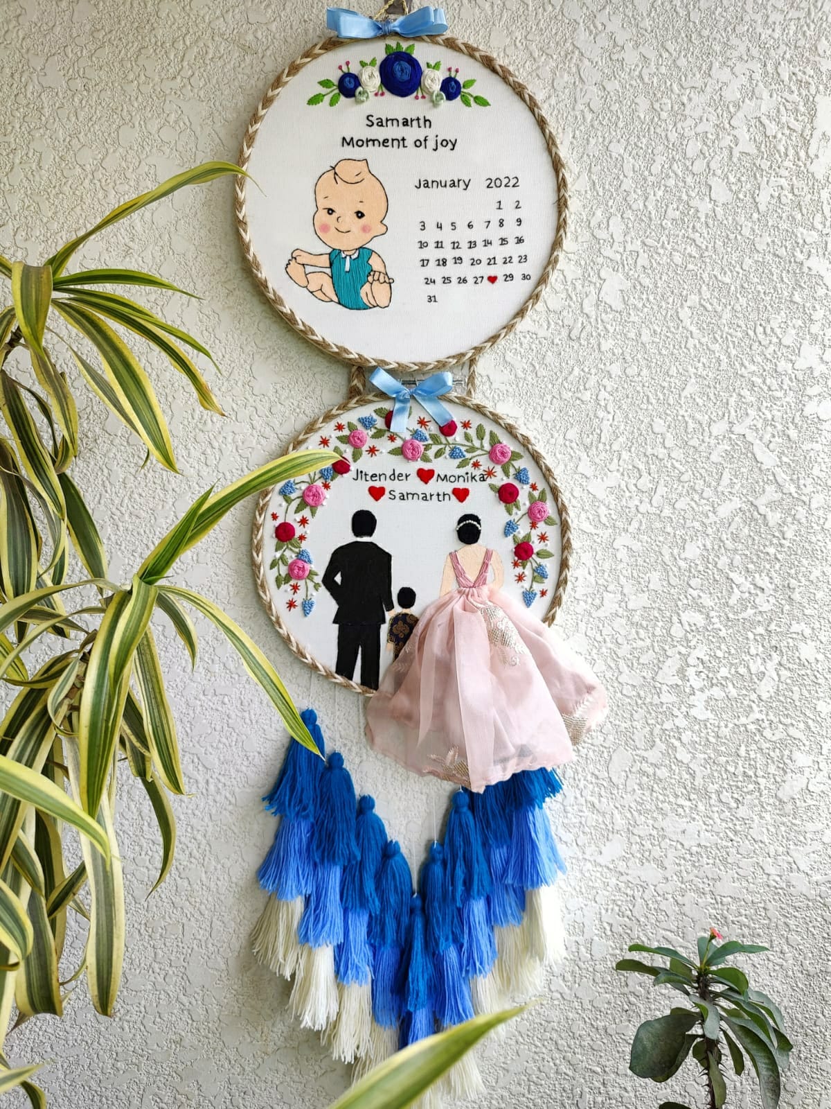 Customizable Couple & Child Anniversary Double Embroidered Hoop with Tassels