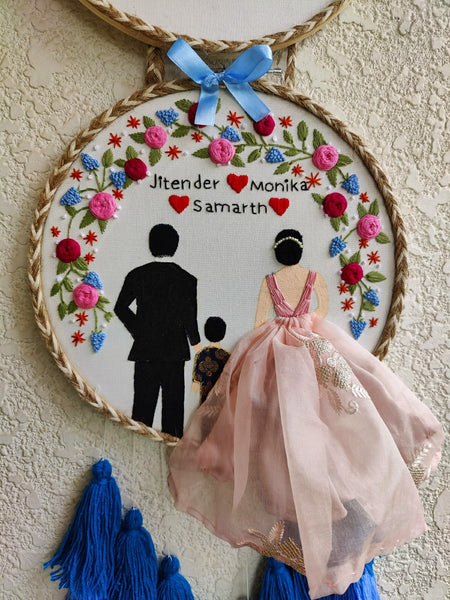 Customizable Couple & Child Anniversary Double Embroidered Hoop with Tassels