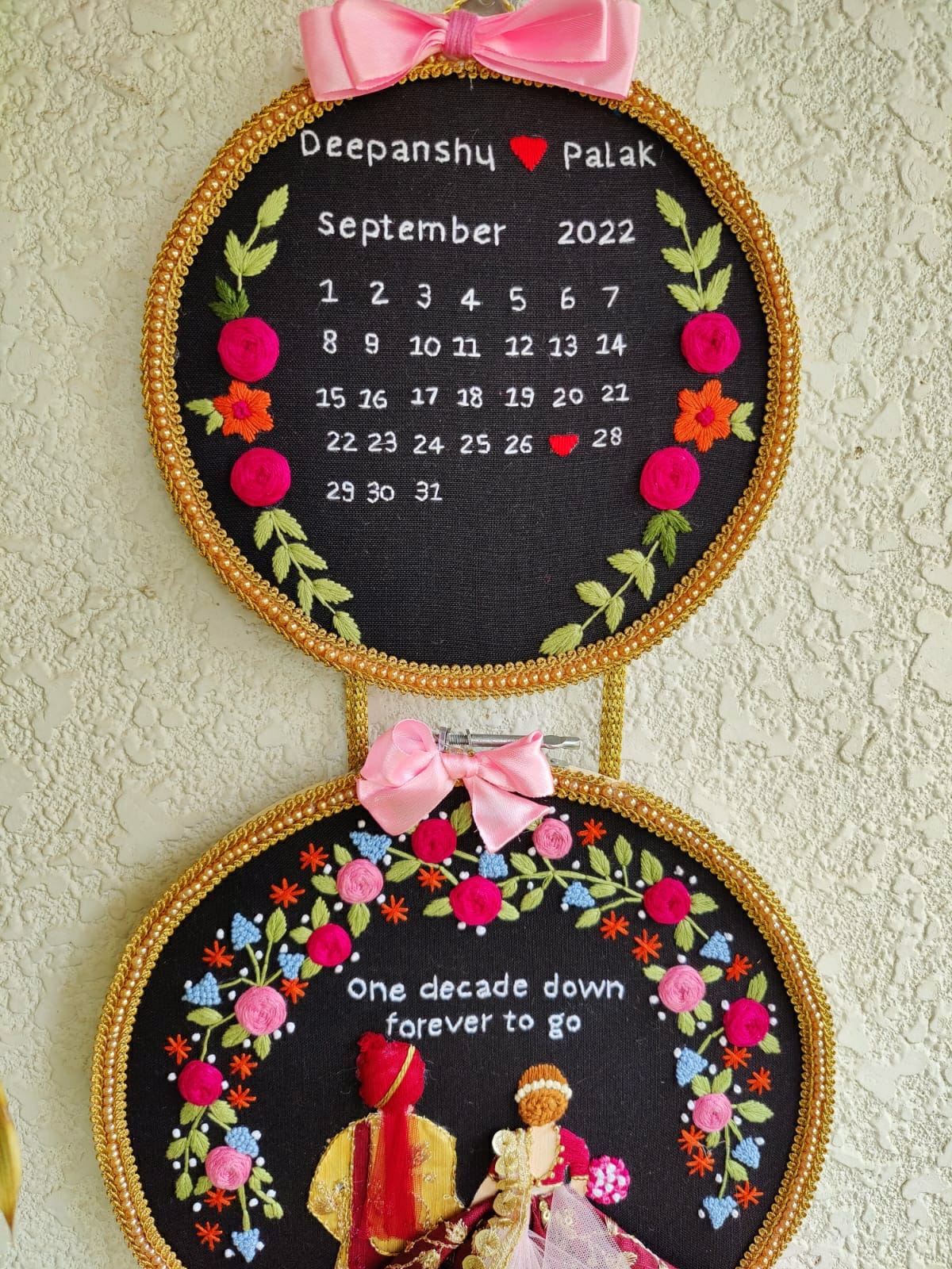 Customizable Bride & Groom Calendar Embroidered Double Hoop with Tassels