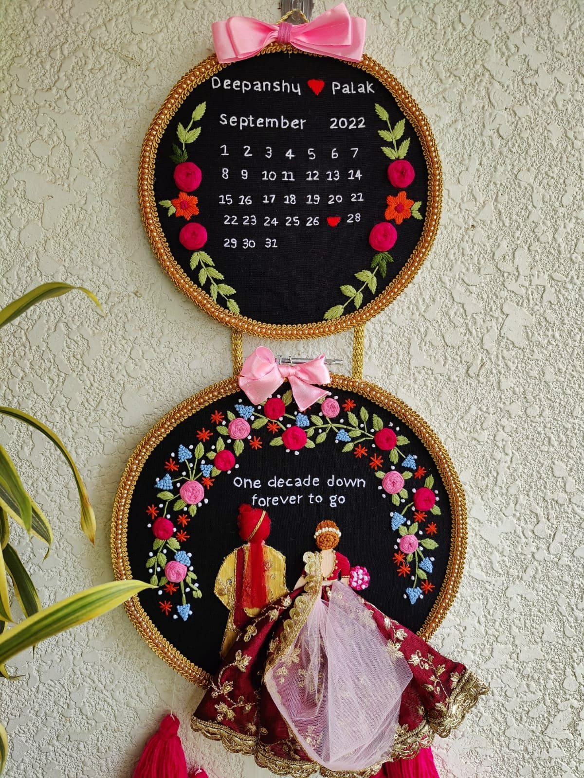 Customizable Bride & Groom Calendar Embroidered Double Hoop with Tassels