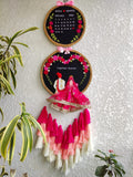 Customizable Bride & Groom Calendar Embroidered Double Hoop with Tassels