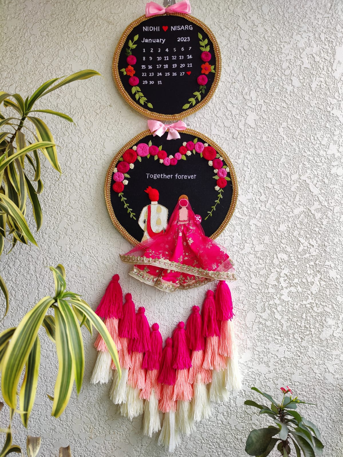 Customizable Bride & Groom Calendar Embroidered Double Hoop with Tassels
