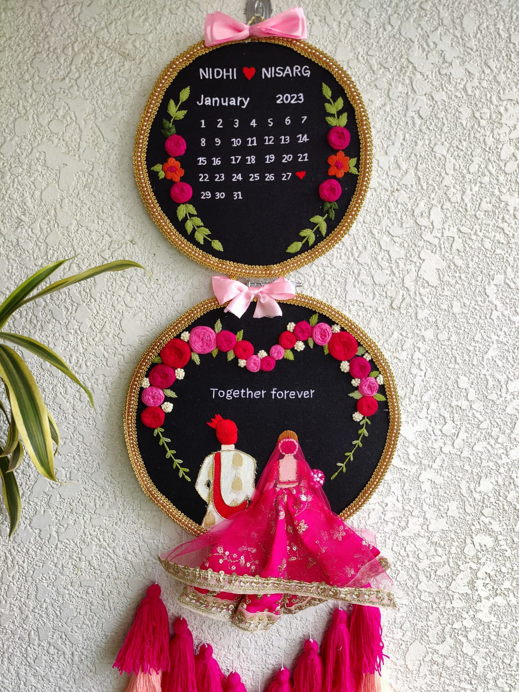Customizable Bride & Groom Calendar Embroidered Double Hoop with Tassels