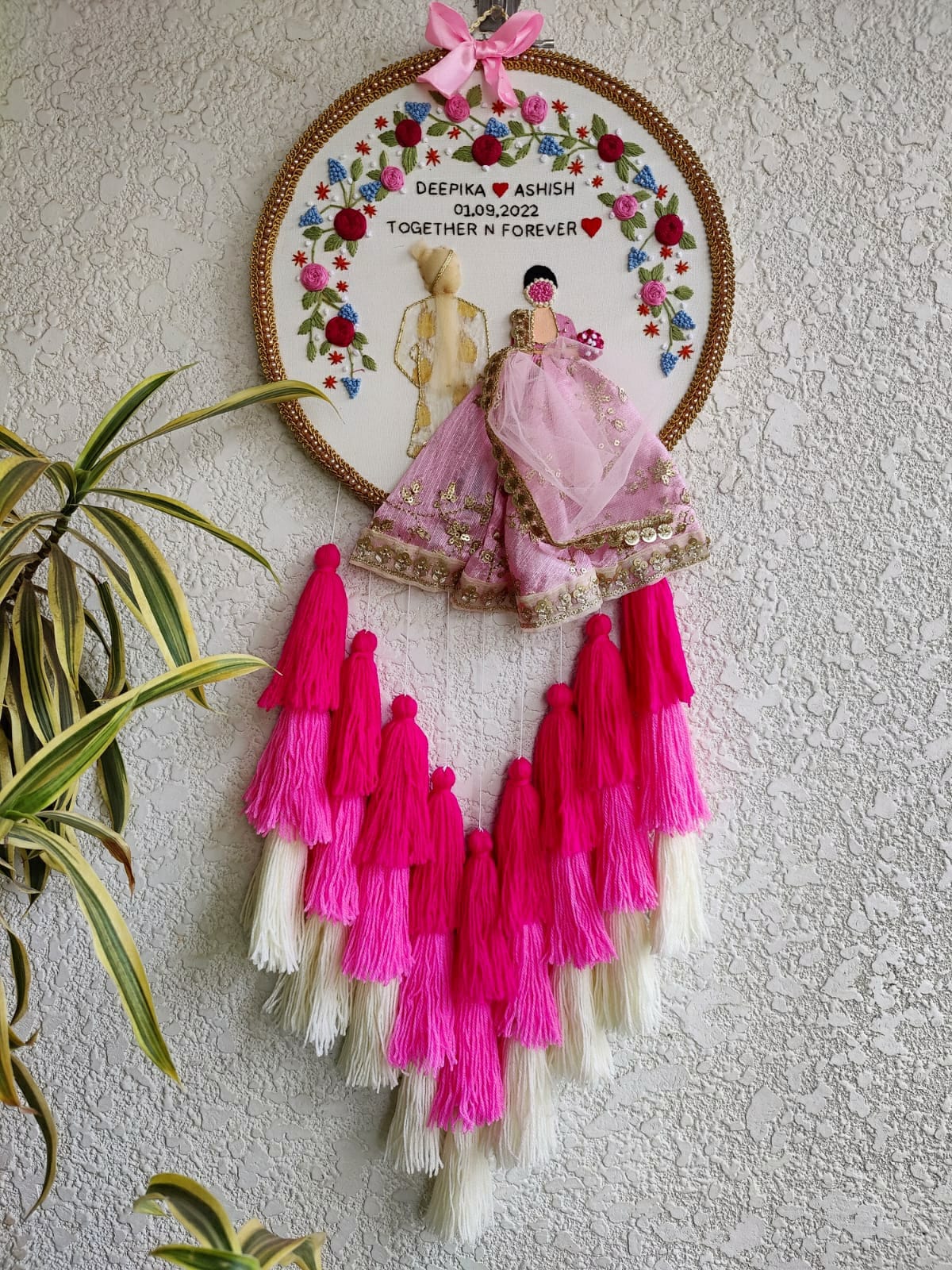 Customizable Couple Embroidered Hoop with Tassels