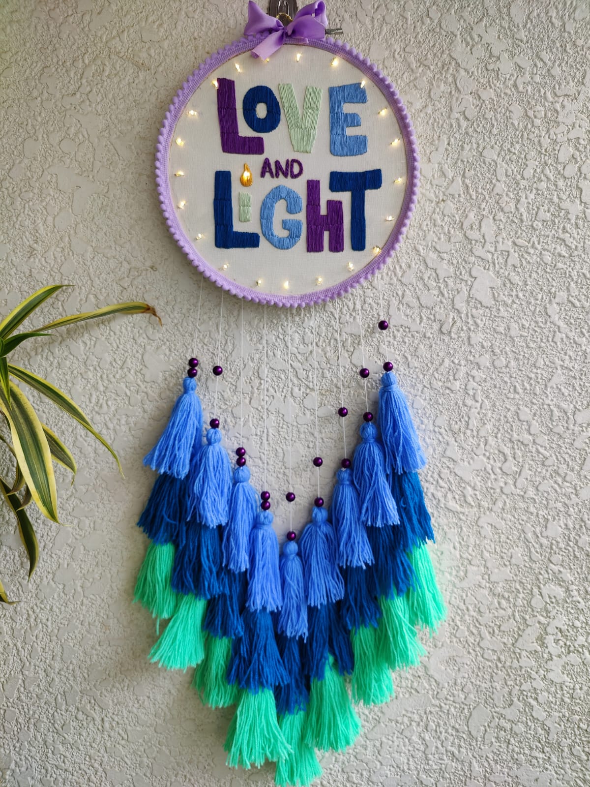 'Love & Light' Embroidered Hanging Dreamcatcher with Lights