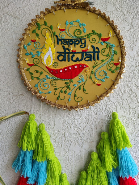 'Happy Diwali' Embroidered Hanging Dreamcatcher with Lights