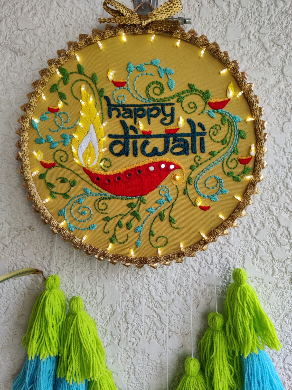 'Happy Diwali' Embroidered Hanging Dreamcatcher with Lights