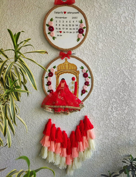 Customizable Bride & Groom Calendar Embroidered Double Hoop with Tassels