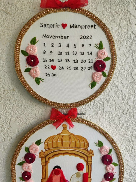 Customizable Bride & Groom Calendar Embroidered Double Hoop with Tassels