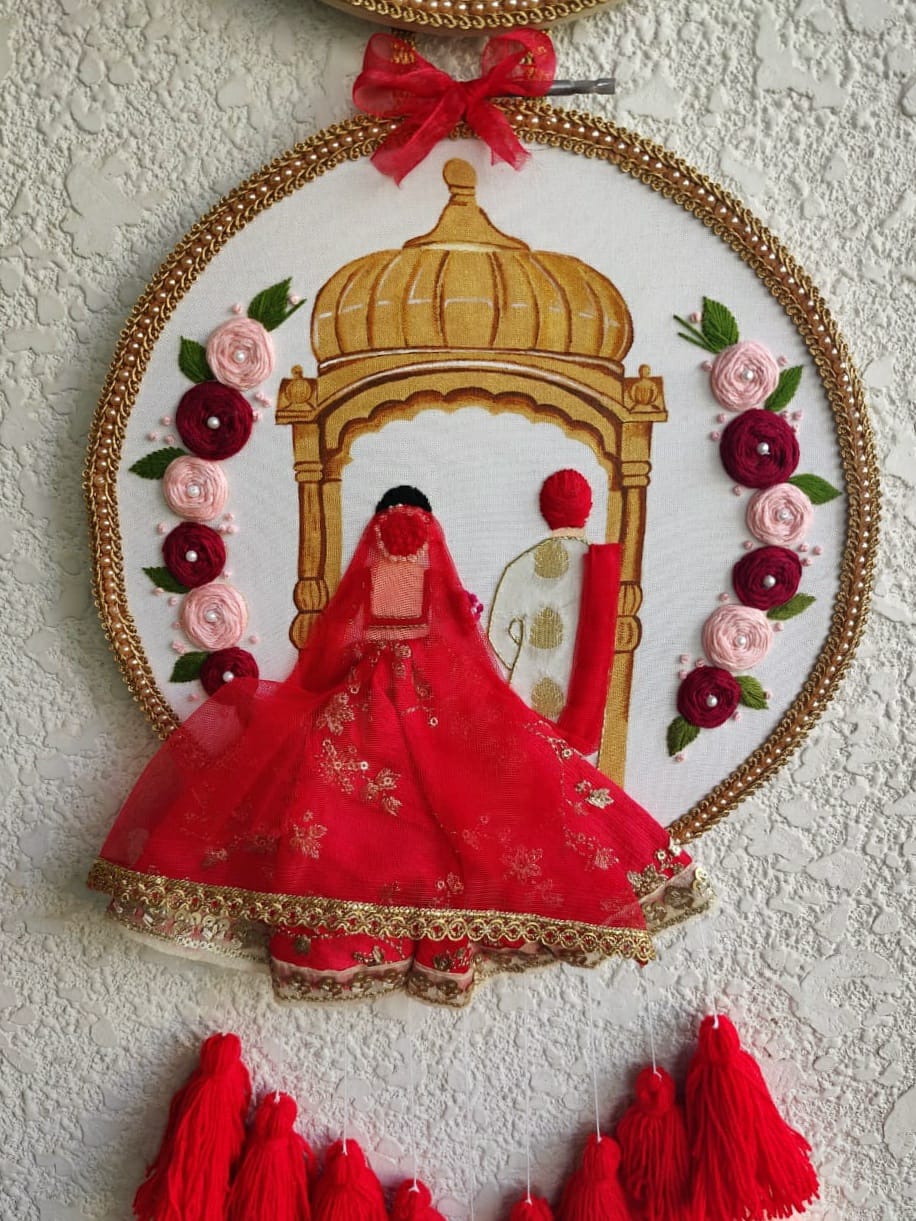 Customizable Bride & Groom Calendar Embroidered Double Hoop with Tassels