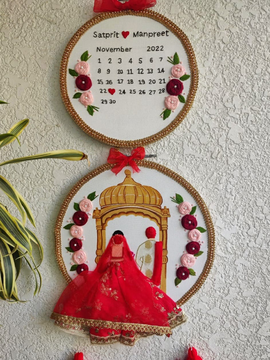 Customizable Bride & Groom Calendar Embroidered Double Hoop with Tassels