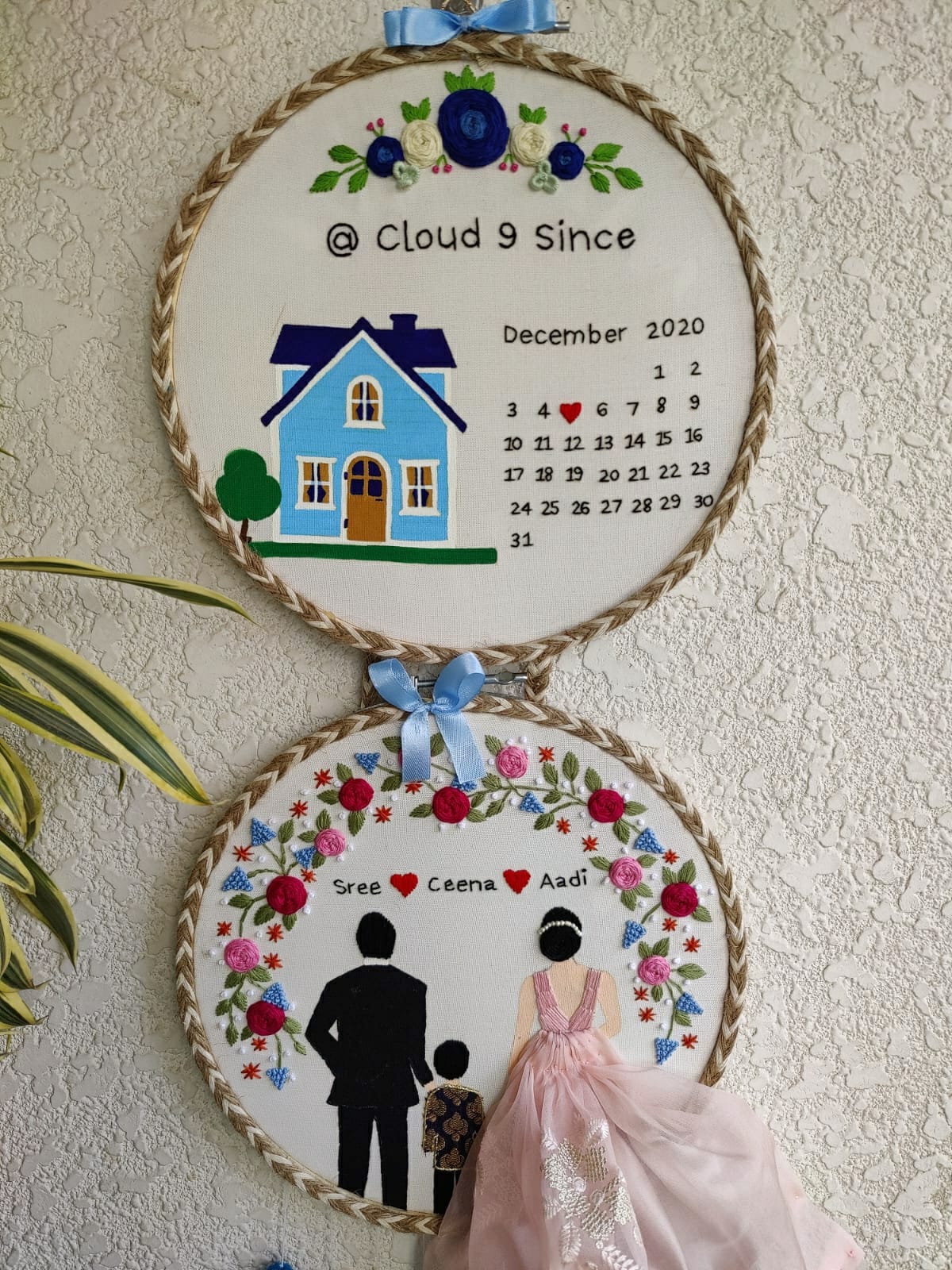 Customizable Home & Couple & Child Anniversary Double Embroidered Hoop with Tassels