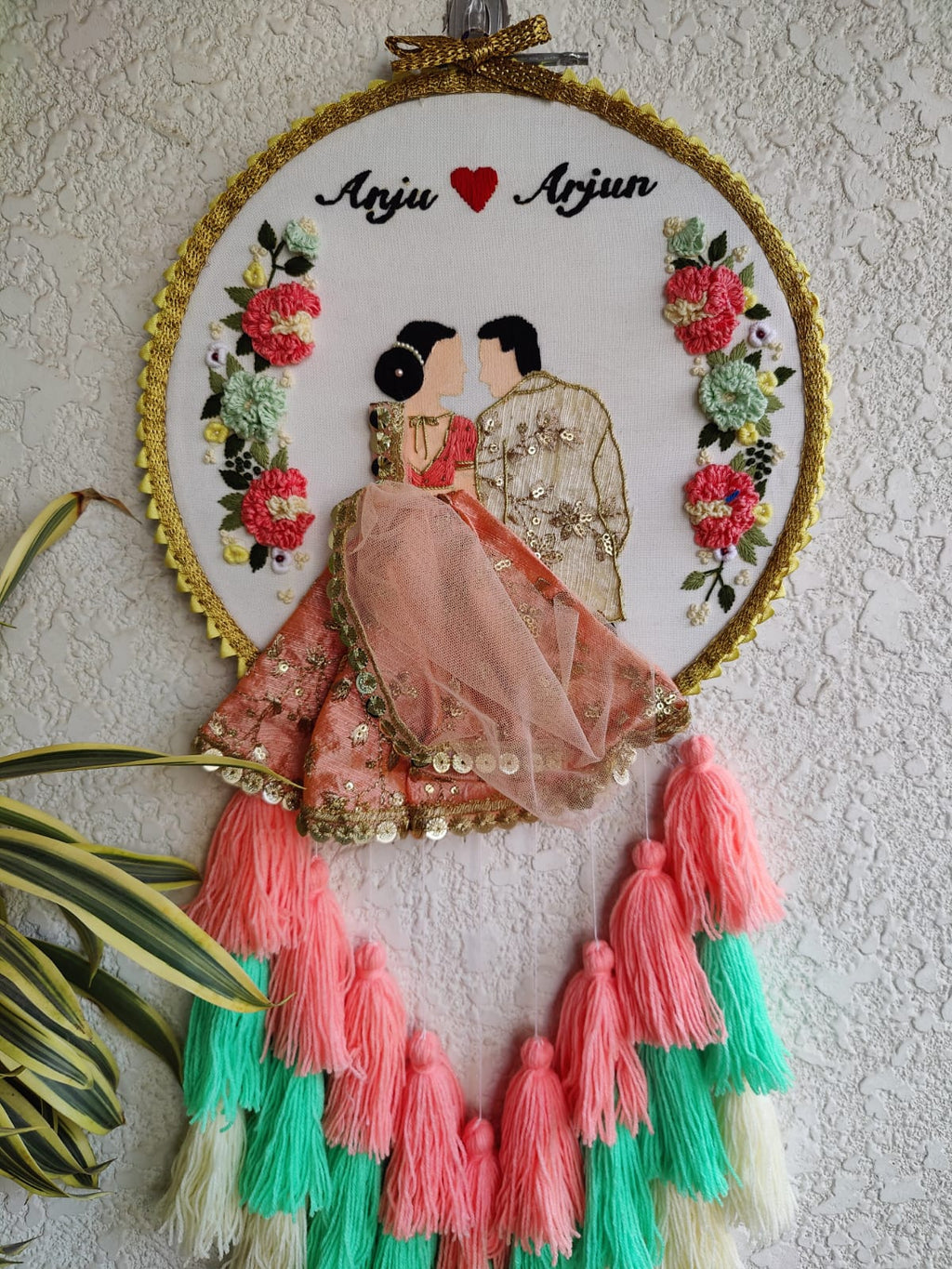 Customizable Couple Embroidered Hoop with Tassels