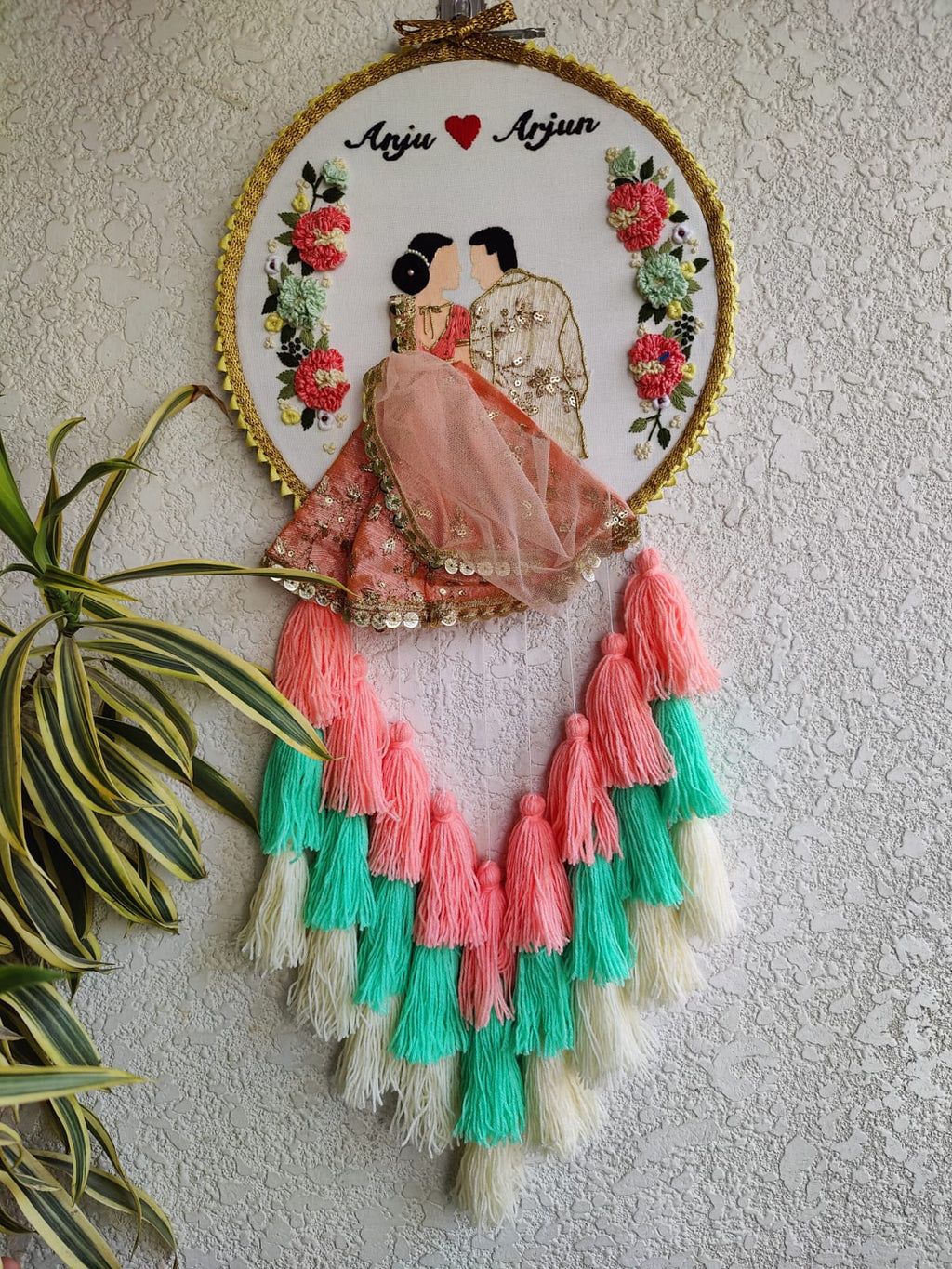Customizable Couple Embroidered Hoop with Tassels