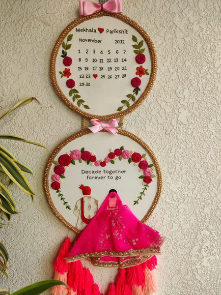 Customizable Bride & Groom Calendar Embroidered Double Hoop with Tassels