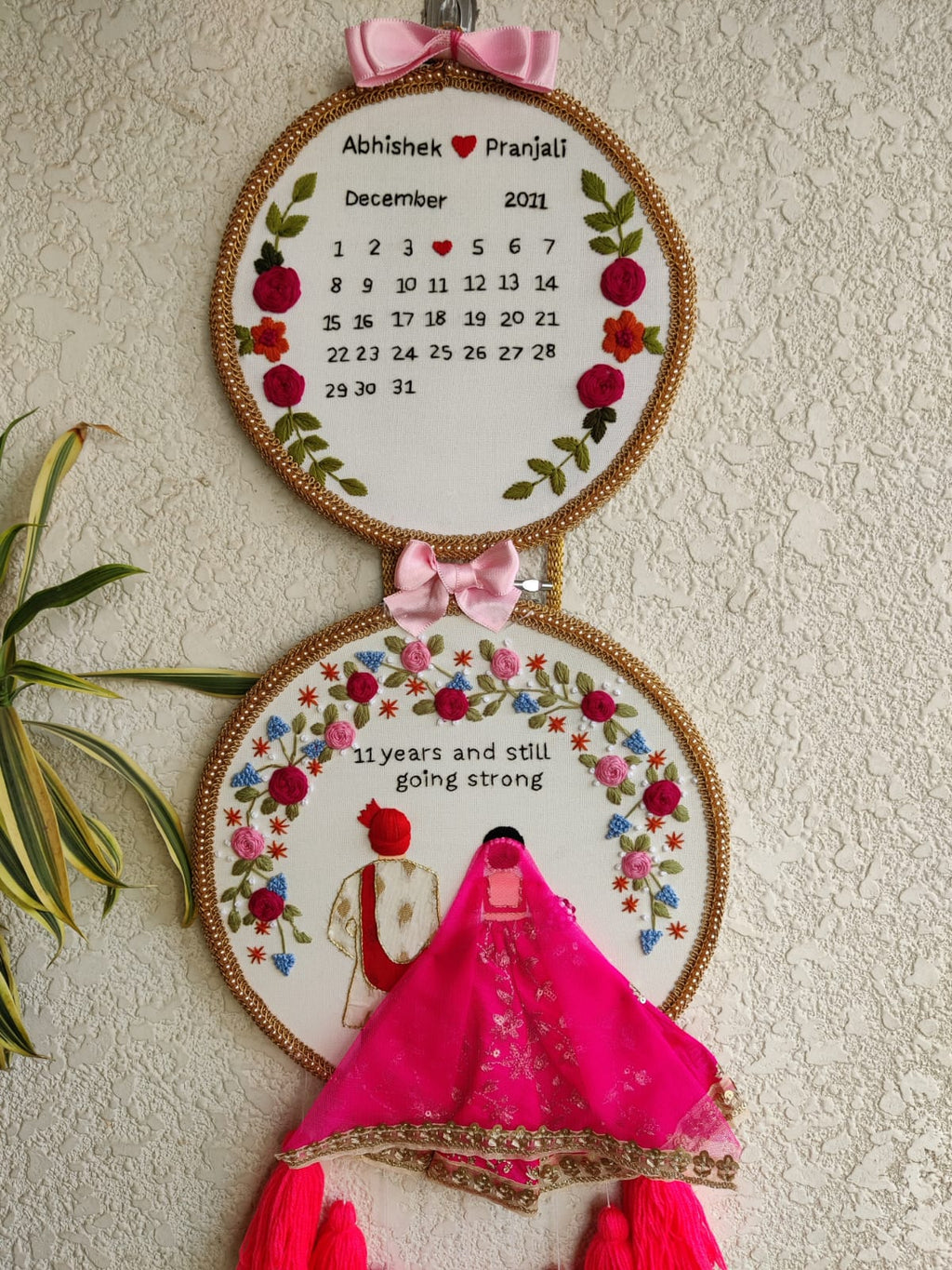 Customizable Bride & Groom Calendar Embroidered Double Hoop with Tassels