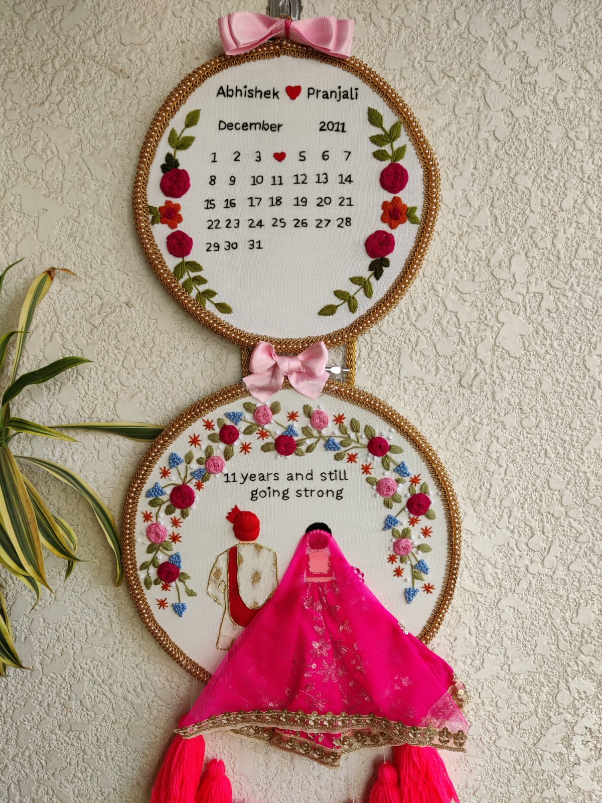 Customizable Bride & Groom Calendar Embroidered Double Hoop with Tassels