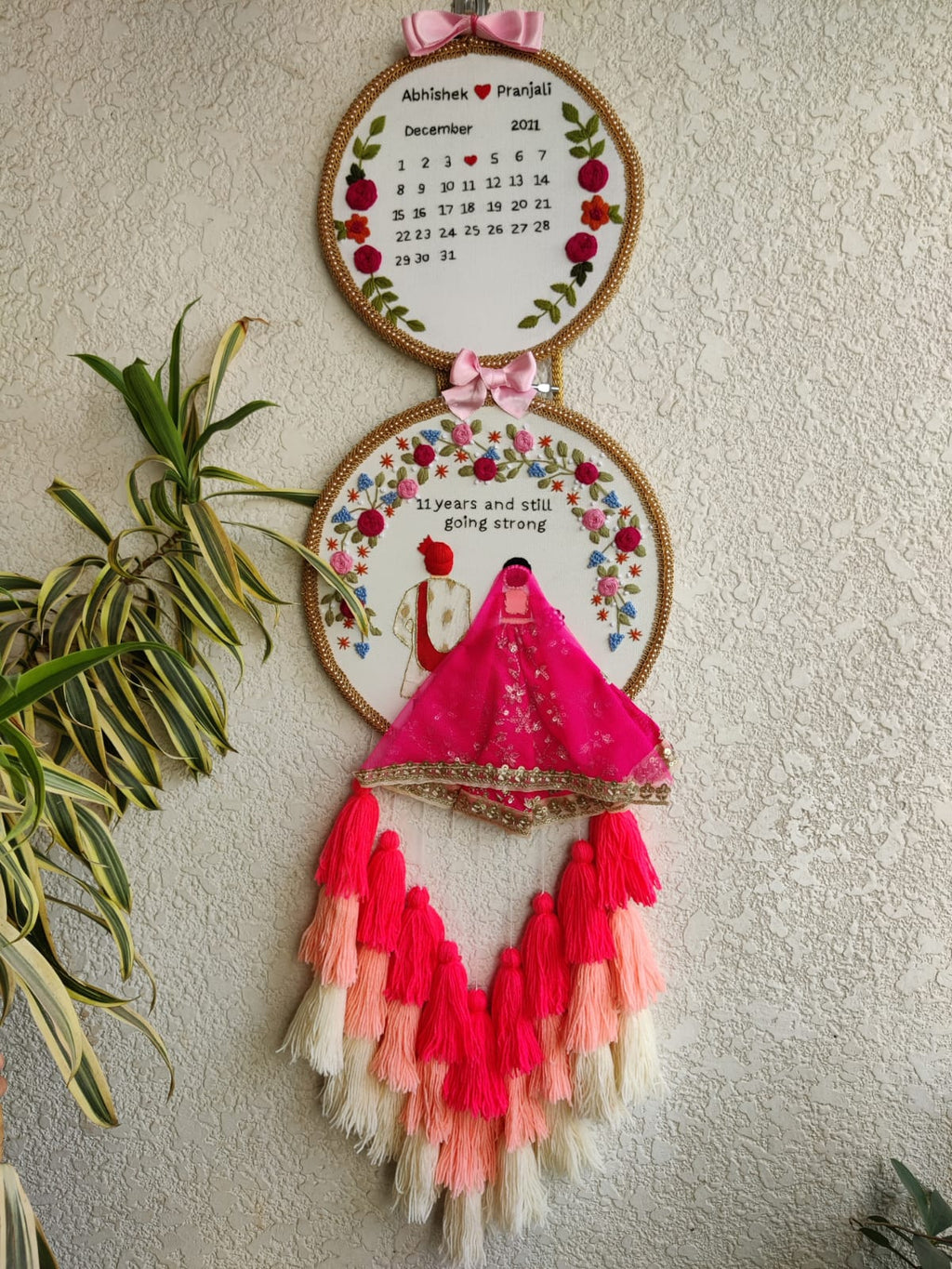 Customizable Bride & Groom Calendar Embroidered Double Hoop with Tassels
