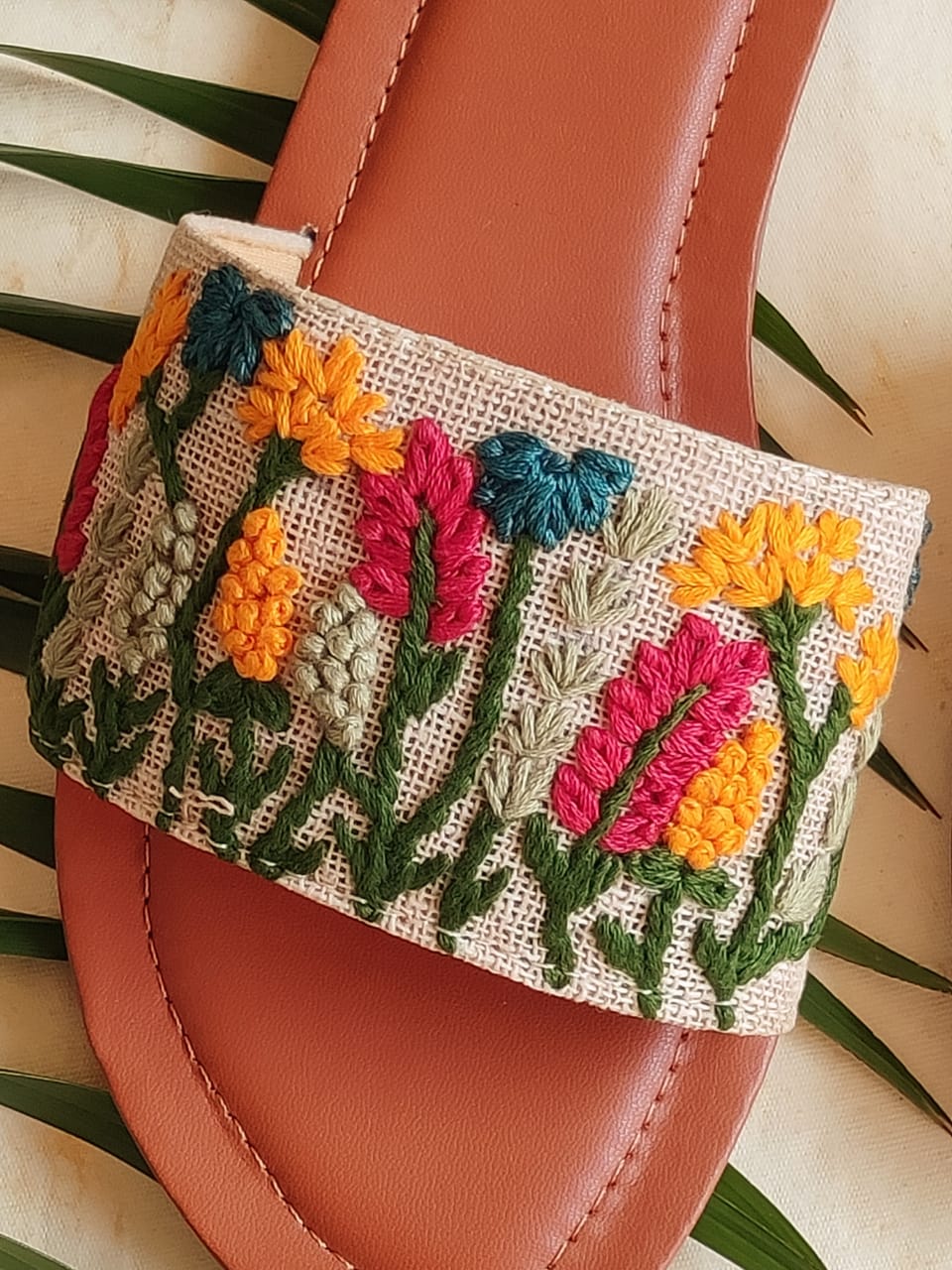 Hand Embroidered Floral Jute Sliders