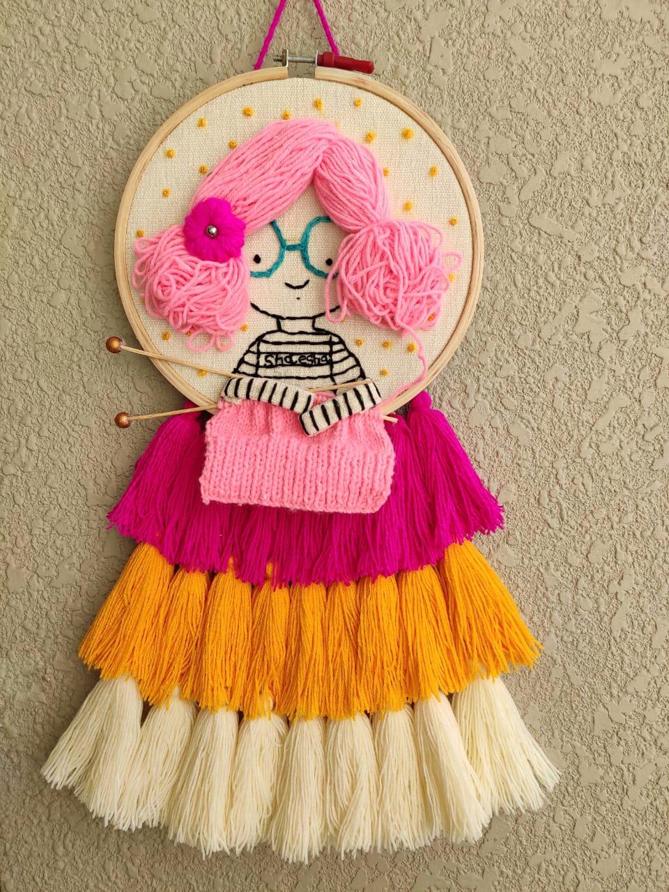 Pink Haired Girl Knitting Dreamcatcher