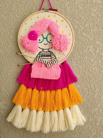 Pink Haired Girl Knitting Dreamcatcher