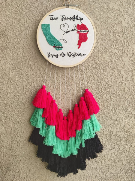 Customizable Friendship Map Embroidered Hoop with Tassels