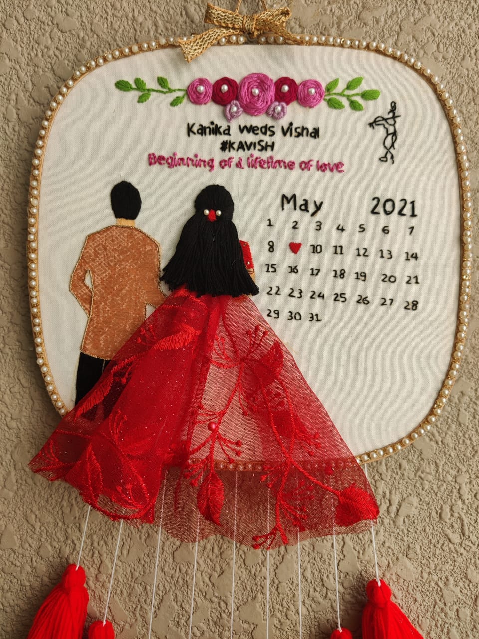 Customizable Bride & Groom Calendar Embroidered Hoop with Tassels