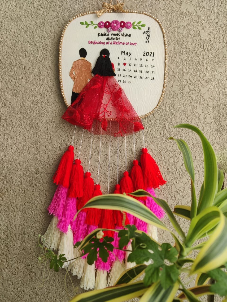 Customizable Bride & Groom Calendar Embroidered Hoop with Tassels