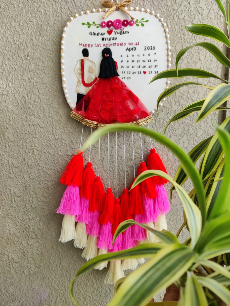 Customizable Bride & Groom Calendar Embroidered Hoop with Tassels