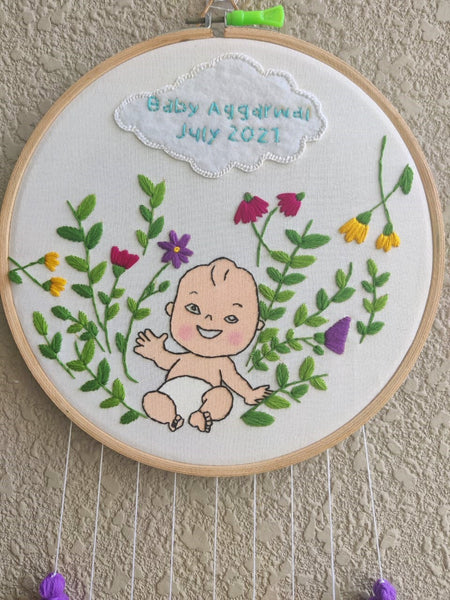 'Baby Arrival' Embroidered Hoop with Tassels