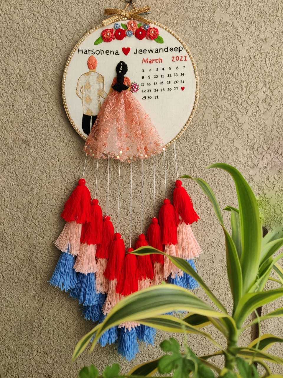 Customizable Bride & Groom Calendar Embroidered Hoop with Tassels