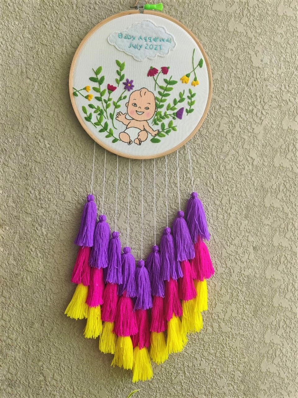 'Baby Arrival' Embroidered Hoop with Tassels