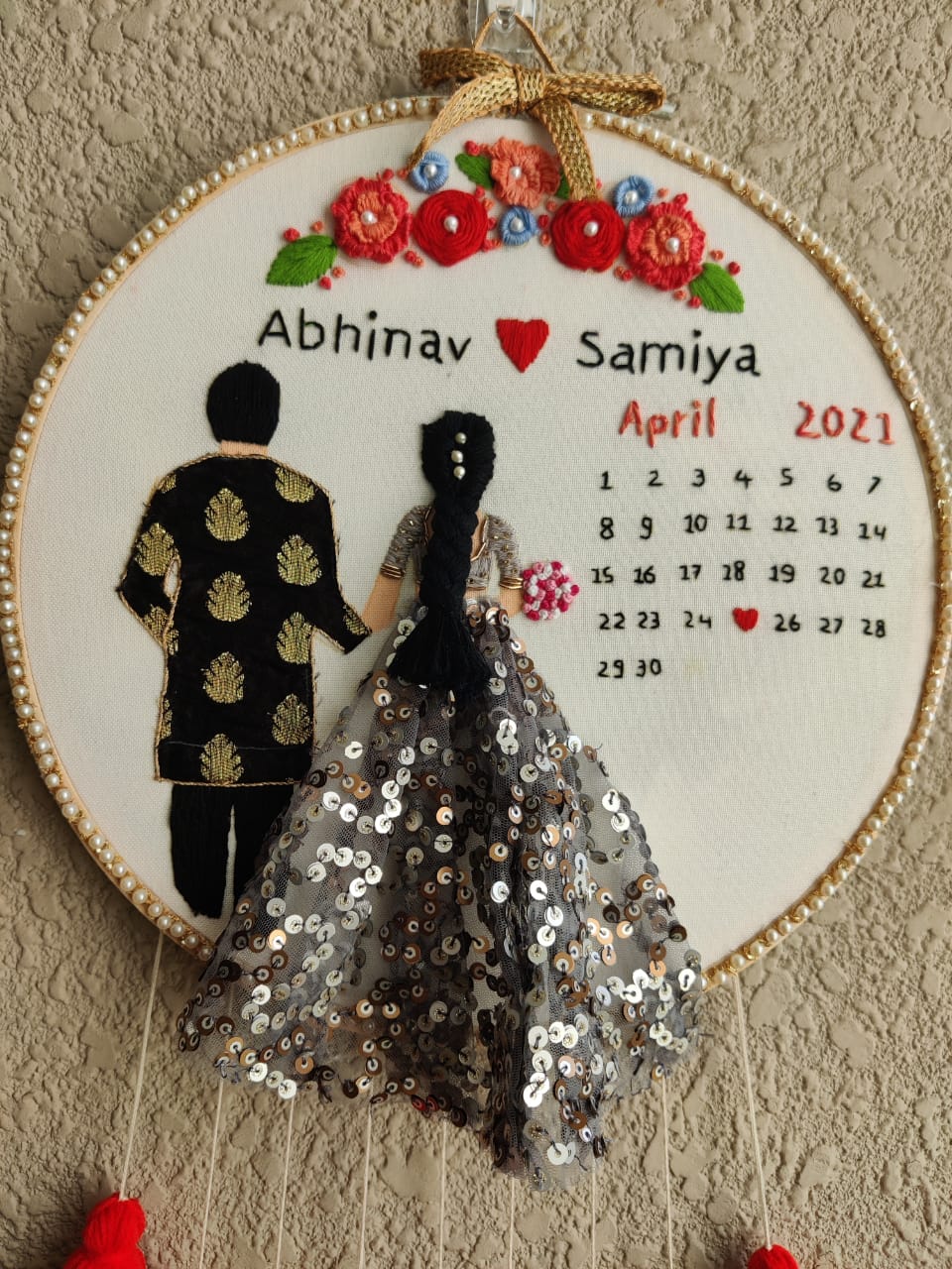Customizable Bride & Groom Calendar Embroidered Hoop with Tassels