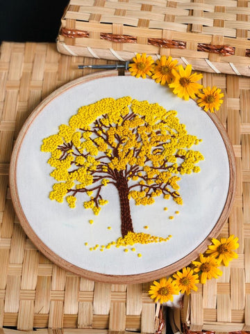 Cherry Blossom Tree - Yellow Embroidered Hoop